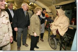 Vice President Cheney and Mrs. Lynne Cheney visit the 212th M.A.S.H.(Mobile Army Surgical Hospital) Unit run by the U.S. military in a mountainous area near the earthquake's epicenter, 65 miles northwest of Islamabad, Pakistan, Tuesday Dec. 20, 2005. During the visit the Vice President said he was "impressed with what we've been able to do with our M.A.S.H. units. U.S. forces were able to move quickly into the area. We were here within 48 hours and we've been here ever since."  White House photo by David Bohrer