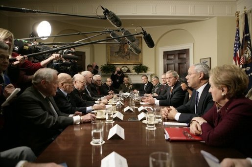 President George W. Bush speaks with reporters following a meeting Thursday, Jan. 5, 2006 in the Roosevelt Room at the White House with former Secretaries of State and Secretaries of Defense from both Republican and Democratic administrations. White House photo by Eric Draper