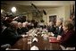 President George W. Bush speaks with reporters following a meeting Thursday, Jan. 5, 2006 in the Roosevelt Room at the White House with former Secretaries of State and Secretaries of Defense from both Republican and Democratic administrations. White House photo by Eric Draper
