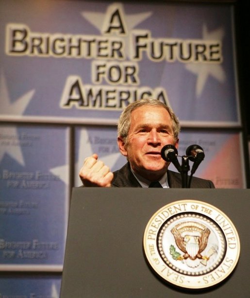 President George W. Bush gestures as he addresses the Economic Club of Chicago, Friday, Jan. 6, 2006 in Chicago, discussing the strength and growth of the U.S. economy. White House photo by Kimberlee Hewitt