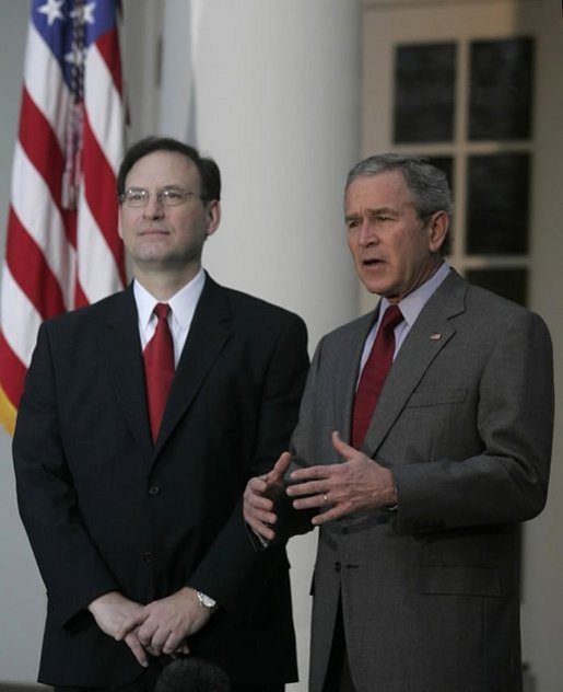 President George W. Bush and Judge Samuel A. Alito address the media in the Rose Garden Monday, Jan. 9, 2006, after a breakfast meeting in the Private Dining Room. Confirmation hearings for Judge Alito, President Bush's nominee for Associate Justice of the Supreme Court, begin today in Washington, D.C. White House photo by Kimberlee Hewitt
