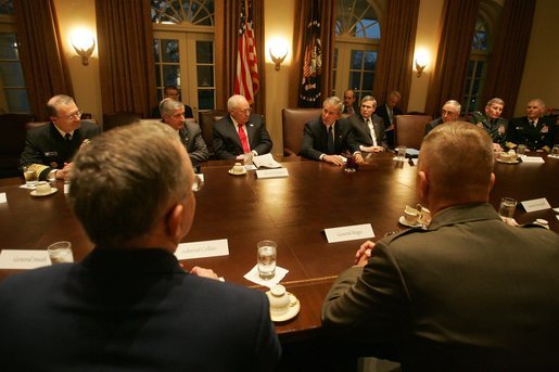 President George W. Bush and Vice President Dick Cheney attend a meeting with the members of the Joint Chiefs of Staff and the Combatant Commanders in the Cabinet Room, Monday January 9, 2006, at the White House. The Combatant Commanders are part of the Unified Command Plan responsible for the geographic military operations around the world. White House photo by David Bohrer