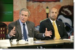 President George W. Bush, with New Orleans Mayor Ray Nagin, speaks to the media during a roundtable with small business owners and community leaders in New Orleans, La., Thursday, Jan. 12, 2006.  White House photo by Eric Draper