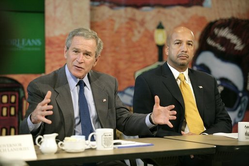 President George W. Bush, with New Orleans Mayor Ray Nagin, speaks to the media during a roundtable with small business owners and community leaders in New Orleans, La., Thursday, Jan. 12, 2006. White House photo by Eric Draper