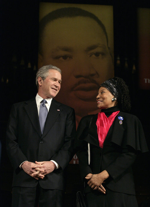 President George W. Bush is joined on stage by Elaine Steele during Georgetown University's "Let Freedom Ring" Celebration Honoring Dr. Martin Luther King at the John F. Kennedy Center, Monday, Jan. 16, 2006. Steele, Co-Founder of Rosa and Raymond Parks Institute, was presented with the "John Thompson Legacy of a Dream Award". White House photo by Eric Draper