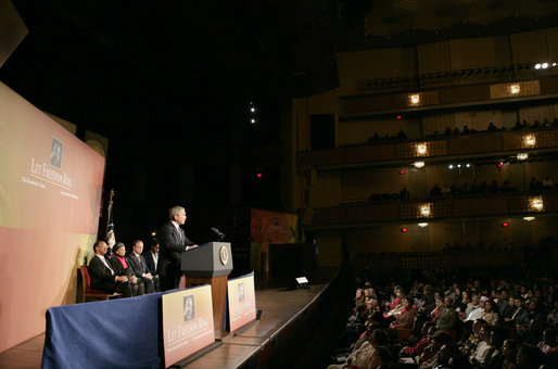 President George W. Bush delivers remarks at Georgetown University's "Let Freedom Ring" Celebration Honoring Dr. Martin Luther King at the John F. Kennedy Center and Performing Arts, Monday, Jan. 16, 2006. White House photo by Eric Draper
