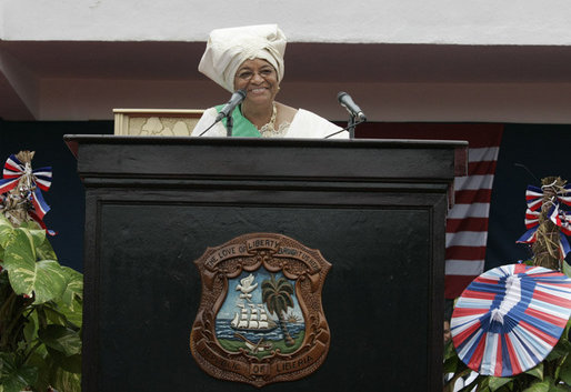 Liberian President Ellen Johnson Sirleaf addresses the audience at her inauguration in Monrovia, Liberia, Monday, Jan. 16, 2006. President Sirleaf is Africa's first female elected head of state. Mrs. Laura Bush and U.S. Secretary of State Condoleezza Rice attended the ceremony. White House photo by Shealah Craighead