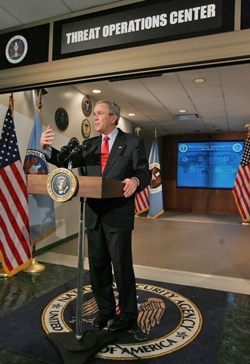 President George W. Bush addresses the media during a visit to the National Security Agency in Fort Meade, Md., Wednesday, Jan. 25, 2006. White House photo by Eric Draper
