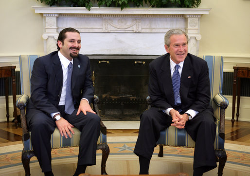  President George W. Bush meets with Lebanese Parliment member Saad Hariri in the Oval Office Friday, Jan. 27, 2006. "We've just had a very interesting and important discussion about our mutual desire for Lebanon to be free; free of foreign influence, free of Syrian intimidation, free to chart its own course," said the President. White House photo by Paul Morse
