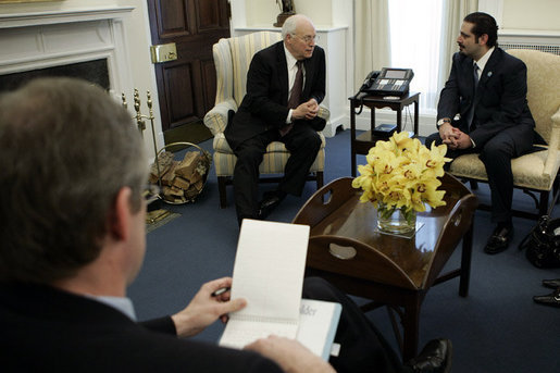 Vice President Dick Cheney meets with Lebanese Parliament member Saad Hariri, Friday January 25, 2006. Earlier in the day Mr. Hariri met President George W. Bush in the Oval Office and discussed the pursuit of democratic freedom and economic revitalization in Lebanon. White House photo by Kimberlee Hewitt