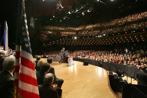 President George W. Bush delivers remarks on the 2006 agenda, Wednesday, Feb. 1, 2006 at the Grand Ole Opry House in Nashville, Tennessee. The President told the audience, ".during times of uncertainty it's important for me to do what I'm doing today, which is to explain the path to victory, to do the best I can to articulate my optimism about the future. White House photo by Eric Draper