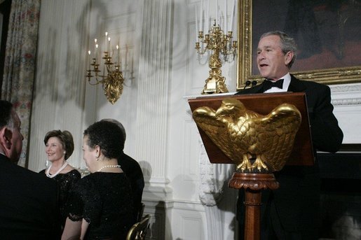 President George W. Bush addresses guests Monday evening, Feb. 6, 2006 in the State Dining Room at the White House to honor The Dance Theatre of Harlem. White House photo by Kimberlee Hewitt