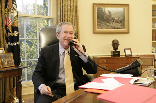 President George W. Bush congratulates Dan Rooney, chairman of the Pittsburgh Steelers, on their Super Bowl victory during an early morning phone call Monday, February 6, 2006. The Steelers defeated the Seattle Seahawks Sunday in Super Bowl XL, 21-10. White House photo by Eric Draper