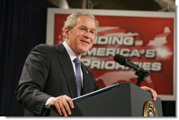 President George W. Bush addresses his remarks on the 2007 Budget and the Deficit Reduction Act of 2005, in a speech to the Business and Industry Association of New Hampshire, Wednesday, Feb. 8, 2006 in Manchester, N.H.  White House photo by Paul Morse