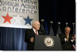 Vice President Dick Cheney is welcomed before delivering the keynote address at the 33rd Annual Conservative Political Action Conference Dinner in Washington, Thursday, February 9, 2006. During his remarks on the 2006 Agenda the Vice President commented on the steadfast nature of the American people and said, "in these five years we've been through a great deal as a nation. Yet with each test, the American people have displayed the true character of our country. We have built for ourselves an economy and a standard of living that are the envy of the world. We have faced dangers with resolve. And we have been defended by some of the bravest men and women this nation has ever produced." White House photo by Kimberlee Hewitt