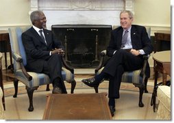 President George W. Bush meets with Secretary-General of the United Nations, Kofi Annan, Monday, Feb. 13, 2006 in the Oval Office of the White House.  White House photo by Kimberlee Hewitt