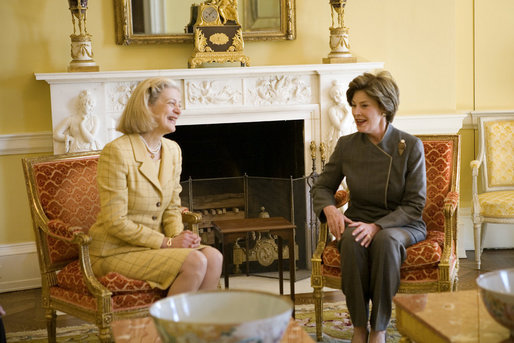 Laura Bush shares a moment with Nane Annan, wife of UN Secretary General Kofi Annan, Monday, Feb. 13, 2006, during a morning meeting in the private residence at the White House. White House photo by Shealah Craighead