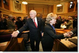 Vice President Dick Cheney and Mrs. Lynne Cheney shake hands with members of the Wyoming State Legislature as they depart the State Capitol in Cheyenne, Friday, February 17, 2006.  White House photo by David Bohrer