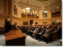 Vice President Dick Cheney delivers remarks to a joint session of the Wyoming State Legislature at the State Capitol in Cheyenne, Friday, February 17, 2006.  White House photo by David Bohrer