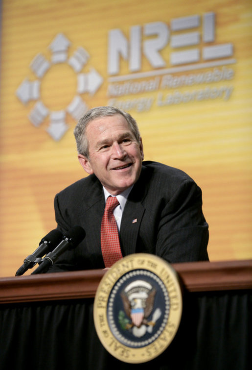 President George W. Bush participates in a panel discussion with experts on energy conservation and efficiency at the National Renewable Energy Laboratory in Golden, Colo., Tuesday, Feb. 21, 2006. White House photo by Eric Draper