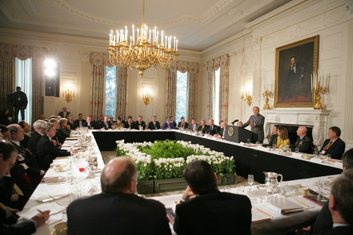 President George W. Bush addresses a meeting of the National Governors Association, Monday, Feb. 27, 2006, in the State Dining Room of the White House. President Bush talked with the governors about the nation's economy, energy issues and the global war on terror. White House photo by Paul Morse