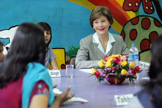 Mrs. Laura Bush listens to a question during an informal group discussion with teachers and students on her tour of Prayas, Thursday, March 2, 2006, in New Delhi, India. White House photo by Shealah Craighead
