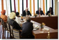 President George W. Bush and Secretary of State Condoleezza Rice are joined by Ambassador David Mulford during a meeting with religious leaders Thursday, March 2, 2006, at the Maurya Sheraton Hotel and Towers in New Delhi.  White House photo by Eric Draper