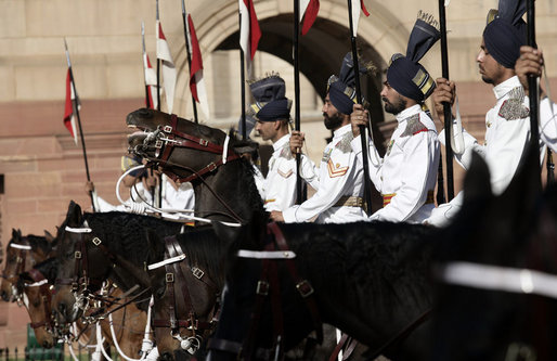 An Indian honor guard stands at attention during the arrival ceremony Thursday, March 2, 2006, at Rashtrapati Bhavan in New Delhi welcoming President George W. Bush and Laura Bush to India. White House photo by Eric Draper