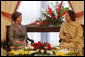 Mrs. Laura Bush speaks with Mrs. Sehba Musharraf, wife of President Pervez Musharraf, during their meeting at Aiwan-e-Sadr, Saturday, March 4, 2006 in Islamabad, Pakistan. White House photo by Shealah Craighead