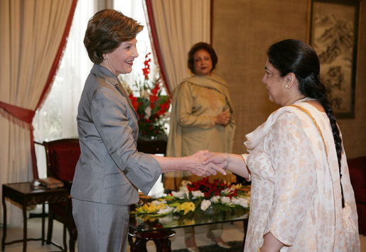 Mrs. Laura Bush greets guests during her meeting with Mrs. Sehba Musharraf, wife of President Pervez Musharraf, at Aiwan-e-Sadr, Saturday, March 4, 2006 in Islamabad, Pakistan. White House photo by Shealah Craighead
