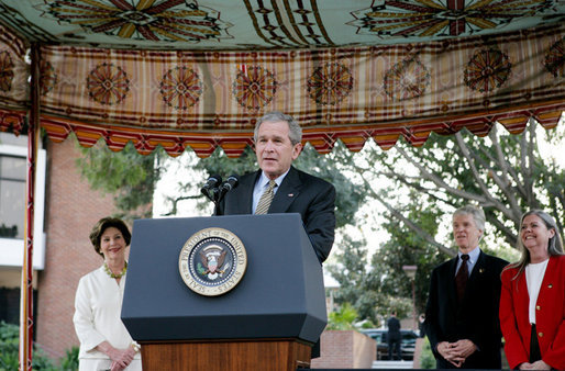 President George W. Bush, with Mrs. Laura Bush, thanks U.S. Embassy staff and family for their welcome and hospitality, Saturday, March 4, 2006 in Islamabad, Pakistan. White House photo by Shealah Craighead