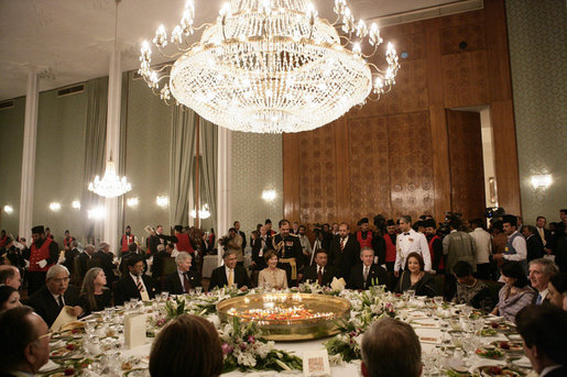 President George W. Bush and Mrs. Laura Bush attend the State Dinner in their honor with with the President of Paksitan, Saturday, March 4, 2006 in Islamabad, Pakistan. White House photo by Eric Draper