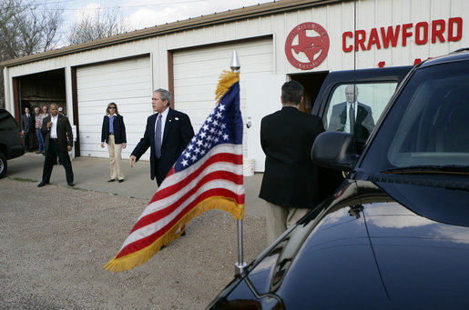President George W. Bush leaves the Crawford Fire Station after voting in the Texas primary in Crawford, Texas, Tuesday, March 7, 2006. White House photo by Eric Draper