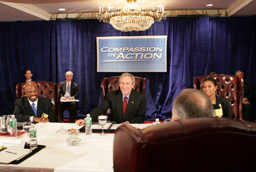 President George W. Bush meets with philanthropic leaders and social service providers, Thursday, March 9, 2006 at The White House National Conference on Faith-Based and Community Initiatives at the Washington Hilton Hotel. President Bush talked about the important philanthropic role individual volunteers, corporations and foundataions play in providing funding for social services, and the funding challenges faced by faith-based and community organizations. White House photo by Kimberlee Hewitt