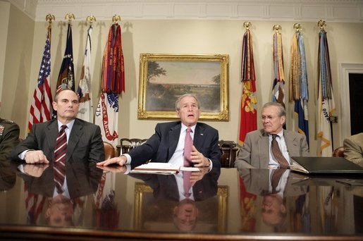 President George W. Bush speaks to the press after participating in a briefing by the Joint Improvised Explosive Device Defeat Task Force in the Roosevelt Room of the White House on Saturday March 11, 2006. White House photo by Paul Morse