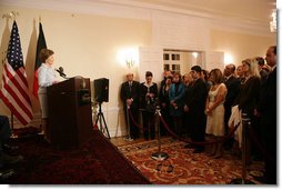 Mrs. Laura Bush delivers remarks to guests attending the Afghan Children's Initiative Benefit Dinner at the Afghanistan Embassy in Washington, DC on Thursday evening, March 16, 2006.  White House photo by Shealah Craighead