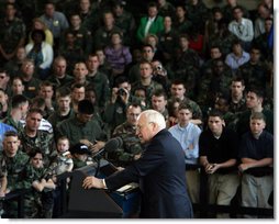 Vice President Dick Cheney addresses troops and families of the 437th Airlift Wing and 315th Reserve Airlift Wing at Charleston Air Force Base in Charleston, South Carolina, Friday, March 17, 2006. The vice president expressed his appreciation for their service in airlifting troops and equipment, supporting US embassies, airdropping troops into hostile areas, and providing humanitarian relief in the global war on terror.  White House photo by David Bohrer