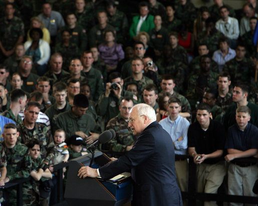 Vice President Dick Cheney addresses troops and families of the 437th Airlift Wing and 315th Reserve Airlift Wing at Charleston Air Force Base in Charleston, South Carolina, Friday, March 17, 2006. The vice president expressed his appreciation for their service in airlifting troops and equipment, supporting US embassies, airdropping troops into hostile areas, and providing humanitarian relief in the global war on terror. White House photo by David Bohrer