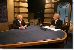 Vice President Dick Cheney talks with Bob Schieffer during an interview on CBS's Face the Nation at CBS studios in Washington, Sunday, March 19, 2006.  White House photo by David Bohrer