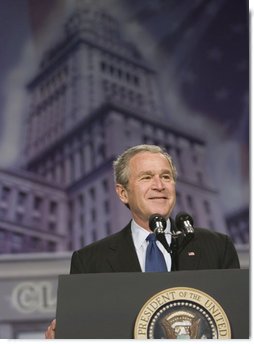 President George W. Bush addresses his remarks on the global war on terror at the Renaissance Cleveland Hotel in Cleveland, Ohio, Monday, March 20, 2006, to members of the City Club of Cleveland.  White House photo by Paul Morse