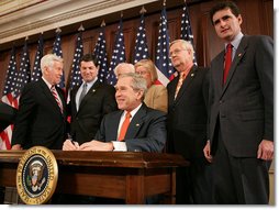 President George W. Bush is joined by members of Congress as he signs H.R. 1053, to authorize the Extension of Nondiscriminatory Treatment to the Products of Ukraine, Thursday, March 23, 2006, in the Eisenhower Executive Office Building in Washington. President Bush is joined by, from left to right, U.S. Sen. Richard Lugar, R- Ind.; U.S. Rep. Jim Gerlach, R-Pa.; U.S. Rep. Tom Lantos, D-Calif.; U.S. Rep. Candice Miller, R-Mich; U.S. Rep. Curt Weldon, R-Pa., and U.S. Rep. Mike Fitzpatrick, R-Pa.  White House photo by Kimberlee Hewitt