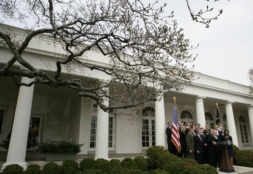 President George W. Bush and members of his Cabinet face the media Tuesday, March 28, 2006, in the Rose Garden of the White House. White House photo by Eric Draper