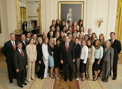 President George W. Bush stands with members of the Auburn University Men and Women’s Swimming and Diving Team Thursday, April 6, 2006, during a photo opportunity with the 2005 and 2006 NCAA Sports Champions. White House photo by Paul Morse