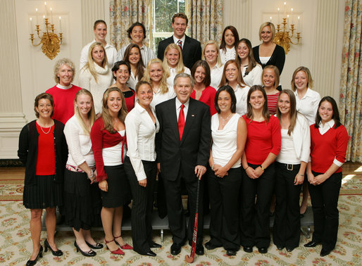 President George W. Bush stands with members of the University of Maryland Women’s Field Hockey Team Thursday, April 6, 2006, during a photo opportunity with the 2005 and 2006 NCAA Sports Champions at the White House. White House photo by Kimberlee Hewitt