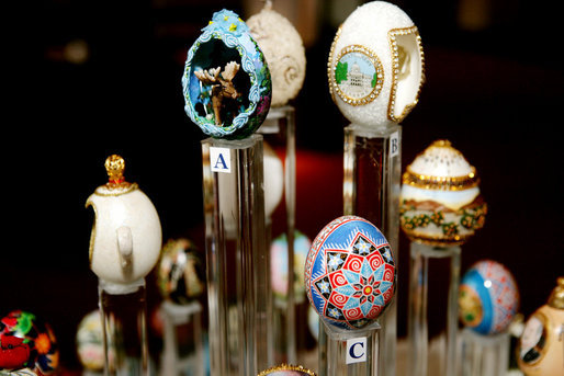 Decorated eggs that are being presented at the White House Visitor Center in Washington, DC, Thursday, April 6, 2006, as part of the State Egg Display which exhibits a decorated egg from a select artist of each state. This tradition has been going on since 1994, and each year the artists vote amongst themselves to select the artist to create the following year’s commemorative egg which is presented to the President and First Lady. White House photo by Shealah Craighead
