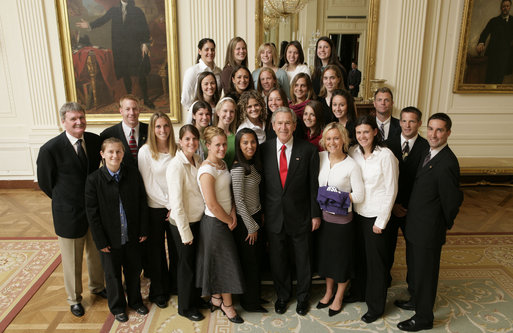 President George W. Bush stands with members of the University of Portland Women’s Soccer Team Thursday, April 6, 2006, during a photo opportunity with the 2005 and 2006 NCAA Sports Champions. White House photo by Paul Morse