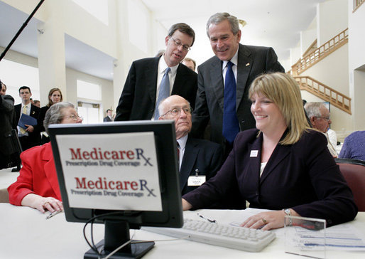 President George W. Bush visits with residents of the Lutheran Senior Services Community at the Heisinger Bluffs Senior Center in Jefferson City, Mo., Tuesday, April 11, 2006. President Bush visited Missouri's capital to discuss Medicare prescription drug benefits. White House photo by Eric Draper