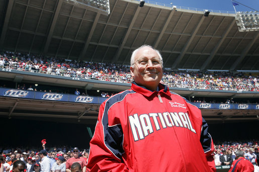 Vice President Dick Cheney takes to the field at RFK Memorial Stadium before throwing out the ceremonial first pitch at the Washington National's home opener, Tuesday, April 11, 2006. White House photo by David Bohrer