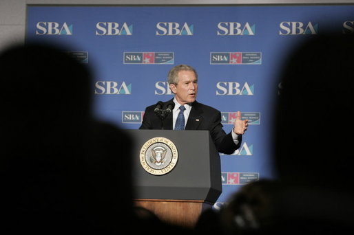 President George W. Bush addresses the Small Business Week Conference in Washington, D.C., Thursday, April 13, 2006. "Small businesses create two out of every three new jobs. And they account for nearly half of the country's overall employment," said the President in his remarks. White House photo by Paul Morse