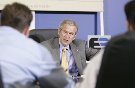 President George W. Bush talks with managers and staff at the Europa Stone Distributors, Inc. facility in Sterling, Va., during a roundtable discussion on taxes and the economy, following a tour of the company Monday, April 17, 2006. White House photo by Paul Morse
